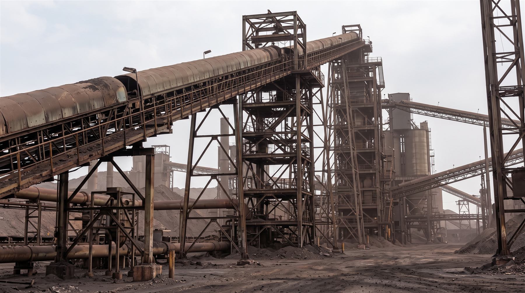 Heavy industrial processing plant with elevated conveyors and steel towers