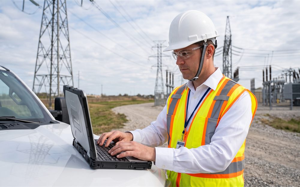 Field engineer working on a laptop on a vehicle bonnet at a substation
