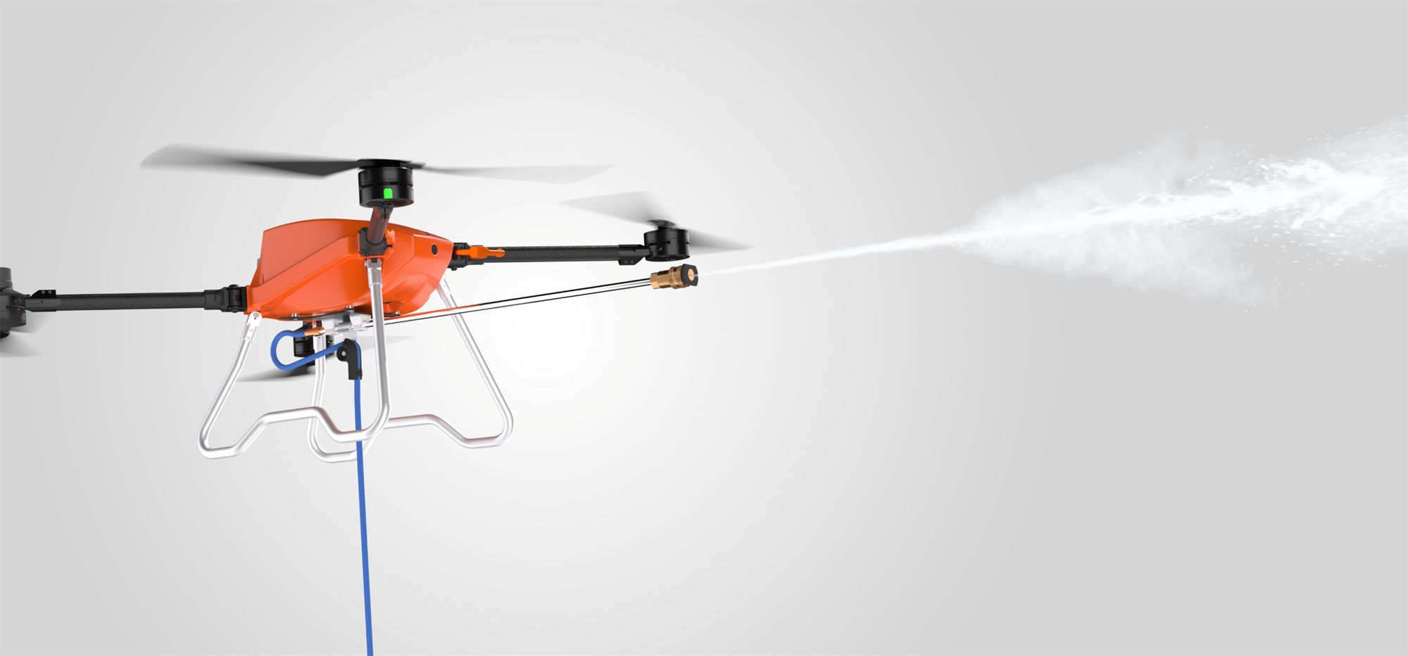 ProxGrid SPD25 in flight spraying a high-pressure jet of water from its spray boom