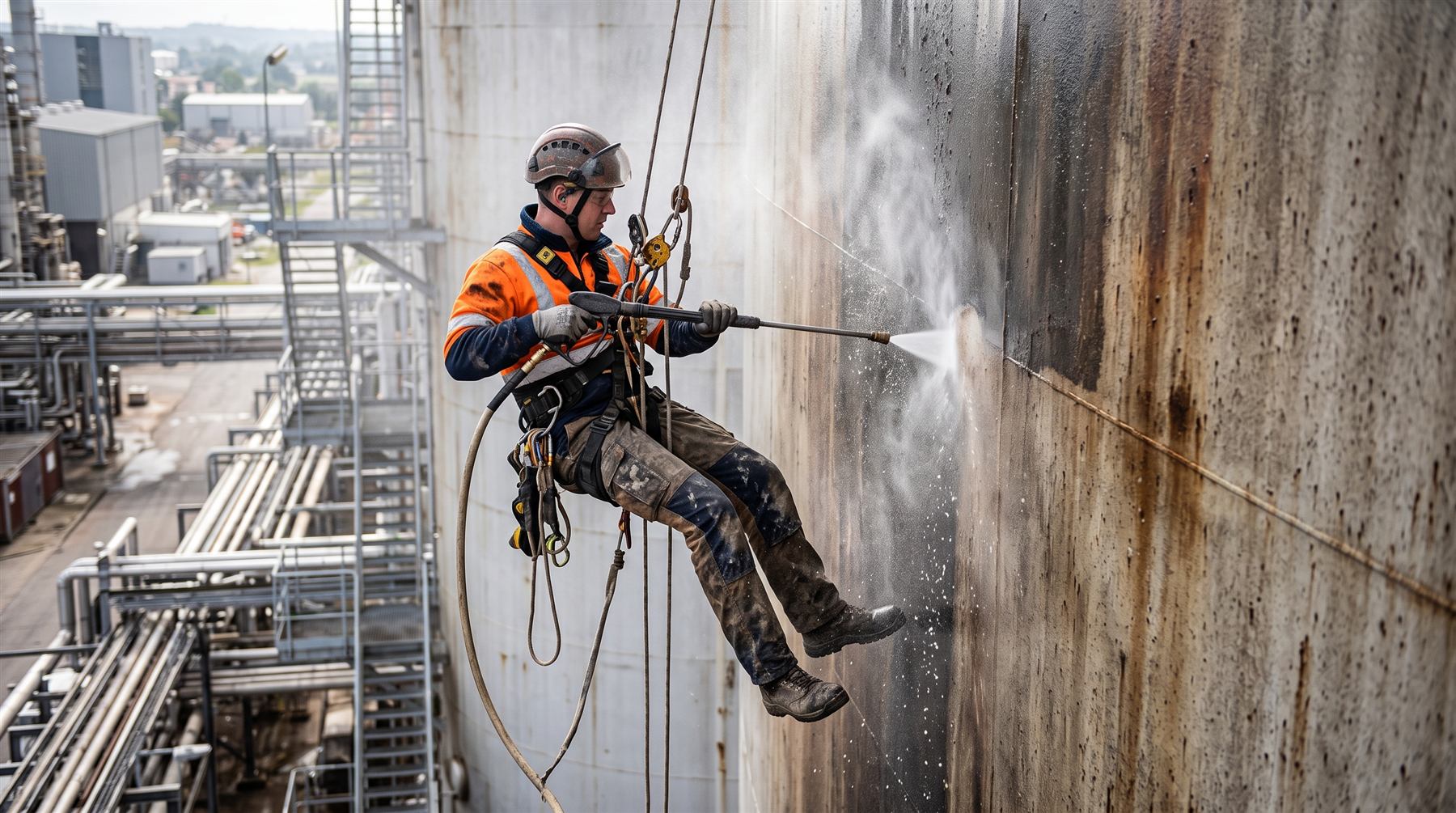Rope access technician pressure washing the side of a large industrial tank