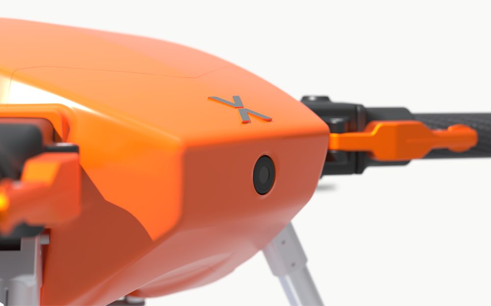 Close-up of the SPD25's forward-facing HD camera in the nose of the airframe