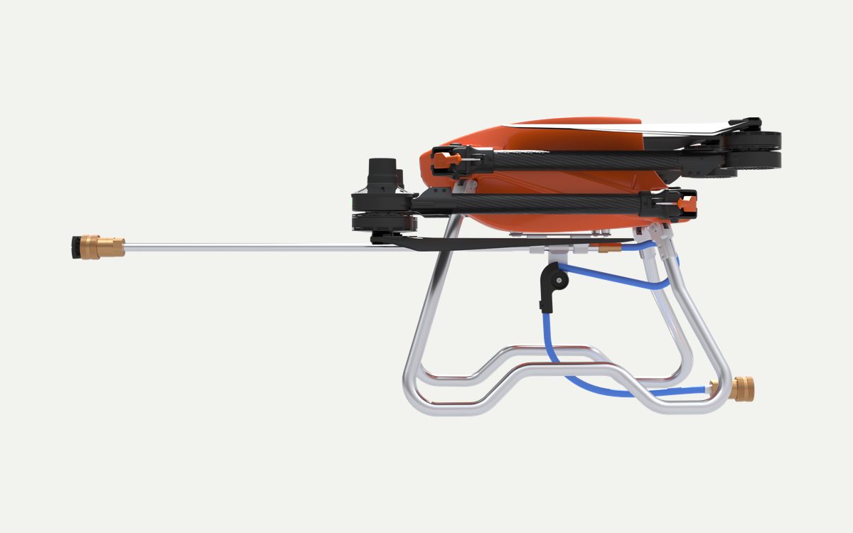 ProxGrid SPD25 with arms folded for transport, side view, spray boom extending forward