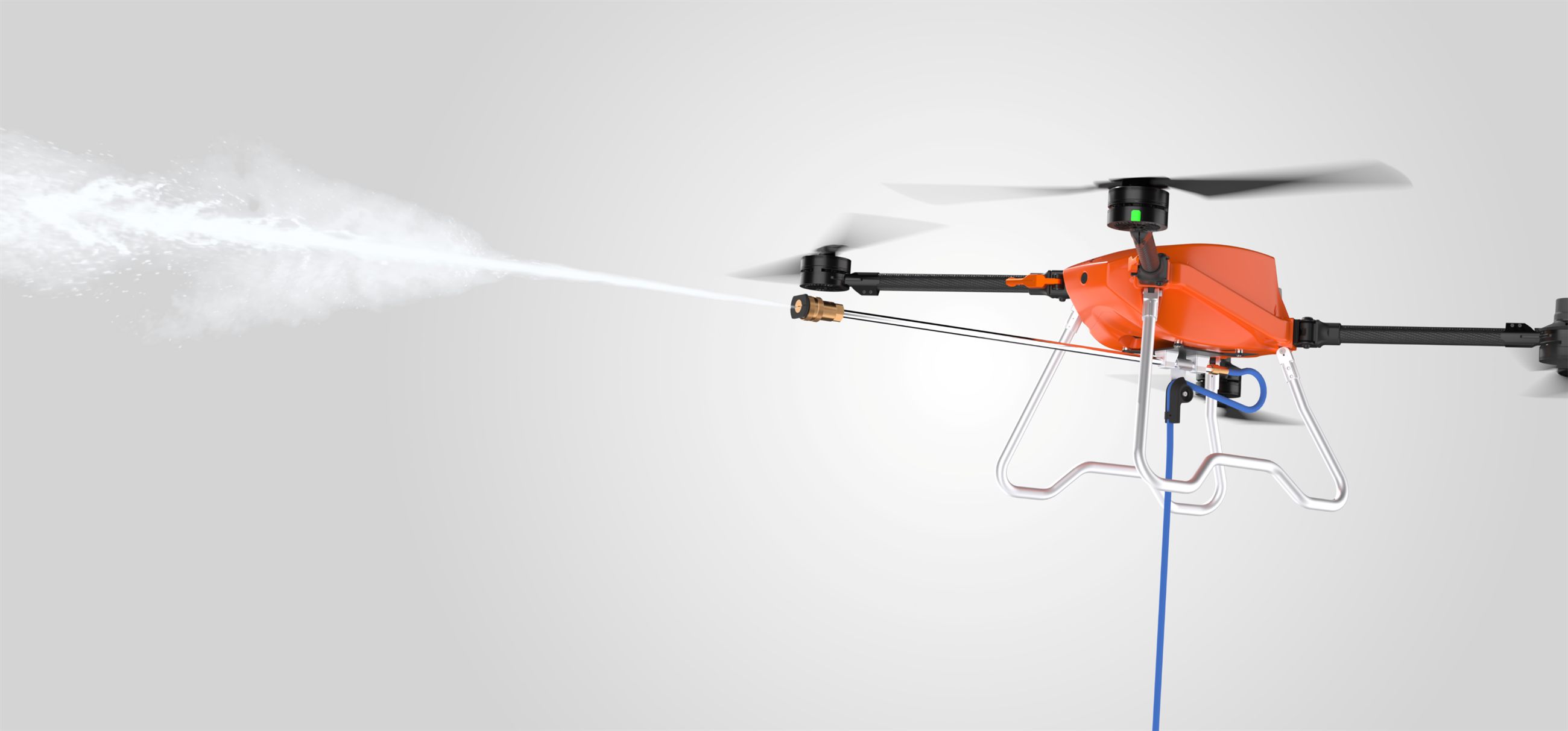 ProxGrid SPD25 pressure washing drone in flight, spraying a high-pressure jet of water from its spray boom