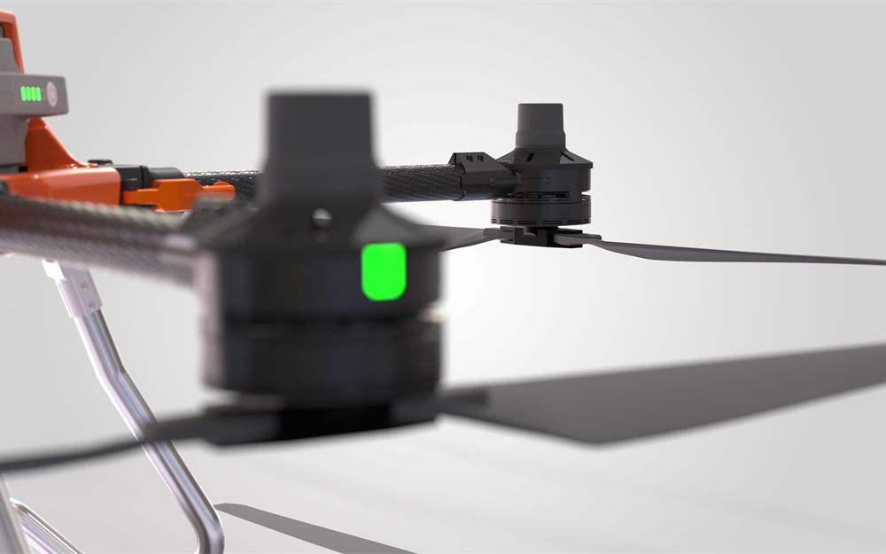 Close-up of an SPD25 motor pod with its GNSS antenna mast and status light