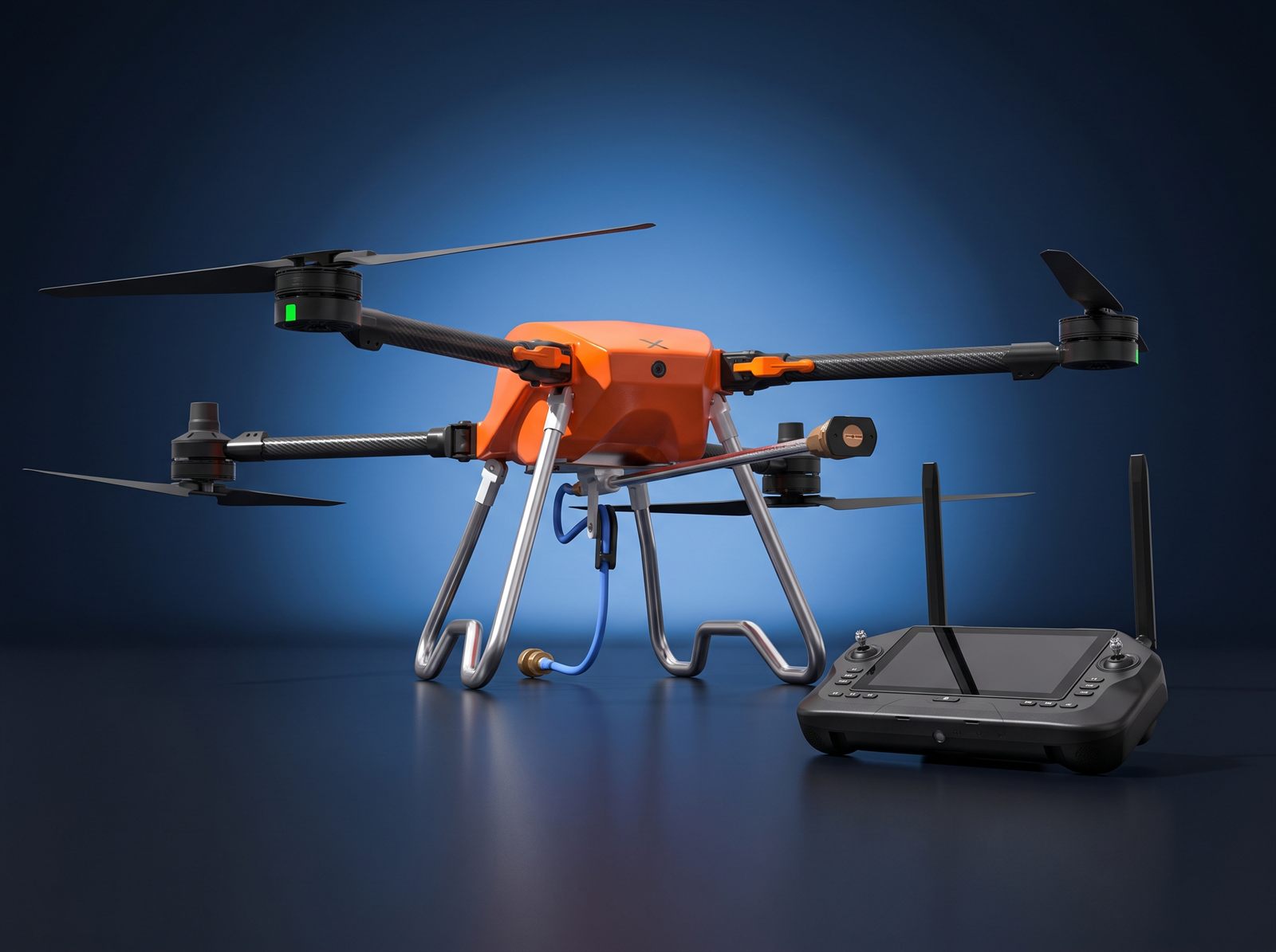 ProxGrid SPD25 with spray boom and hose fitting, standing next to its Pro RC controller